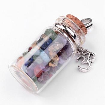 Clear Glass Bottle Gemstone Big Pendants, with Tampions and Tibetan Style Om Symbol Findings, Mixed Color, 60x22mm, Hole: 5mm