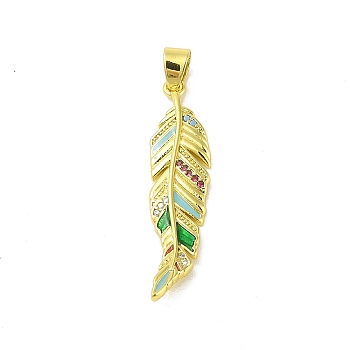 Brass Micro Pave Cubic Zirconia Pendants, with Enamel, Real 18K Gold Plated, Feather, Colorful, 41x9.5x2.5mm, Hole: 5.5x3.5mm