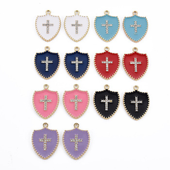 Rack Plating Alloy Enamel Pendants, with Crystal Rhinestone, Cadmium Free & Nickel Free & Lead Free, Shield with Cross, Light Gold, Mixed Color, 27.5x20x2mm, Hole: 1.8mm