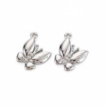 Rack Plating Alloy Pendants, with Crystal Rhinestone and Word Nice, Cadmium Free & Nickel Free & Lead Free, Butterfly, Platinum, 19x13.5x2.5mm, Hole: 1.4mm