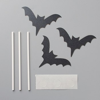 DIY Halloween Theme Paper Cake Insert Card Decoration, with Plastic Rod, for Cake Decoration, Bat, Black, 46x72x0.2mm, 3pcs/Set