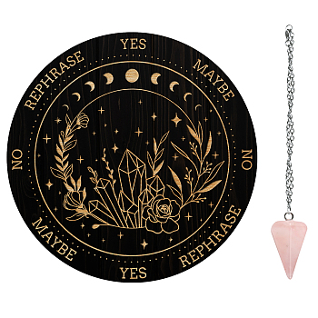AHADEMAKER 1Pc Wood Pendulum Board, 1Pc 304 Stainless Steel Cable Chain Necklaces, 1Pc Natural Rose Quartz Stone Pendants, for Witchcraft Wiccan Altar Supplies, Flower Pattern, Board: 200x4mm