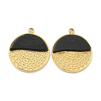 PVD Vacuum Plating 304 Stainless Steel Pendants, Natural Black Onyx(Dyed & Heated) Flat Round Charms, Real 18K Gold Plated, 18.5x16x2mm, Hole: 1.5mm