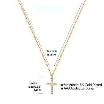 Elegant Stainless Steel Micro Pave Clear Cubic Zirconia Cross Pendant Necklace, Real 18K Gold Plated, 17.72 inch(45cm)