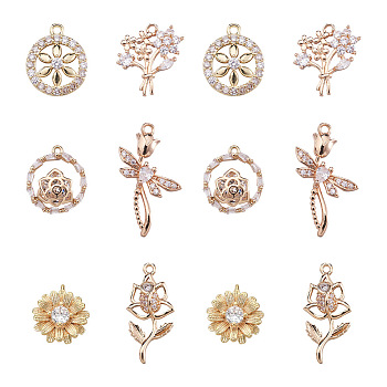 Cheriswelry 12Pcs 6 Style Brass Micro Pave Clear Cubic Zirconia Pendants, Long-Lasting Plated, Cadmium Free & Lead Free, Flat Round & Ring & Flower & Dragonfly, Golden, 15.5~25.5x10.5~15.5x2~7mm, Hole: 1~2mm, 6 style, 2pcs/style, 12pcs