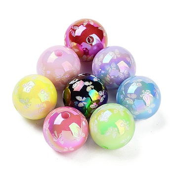 Printed & UV Plating Rainbow Iridescent Acrylic Beads, Round with Bowknot Pattern, Mixed Color, 19.5mm, Hole: 2.8mm