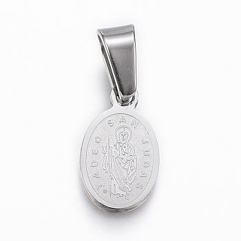 304 Stainless Steel Religion Pendants, Oval with Single Sided Saint Jude, Stainless Steel Color, 13.5x8x1.5mm, Hole: 4x6mm