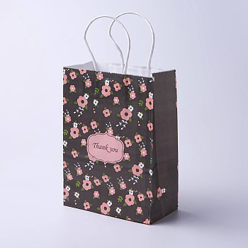 kraft Paper Bags, with Handles, Gift Bags, Shopping Bags, Rectangle, Flower Pattern, Black, 33x26x12cm
