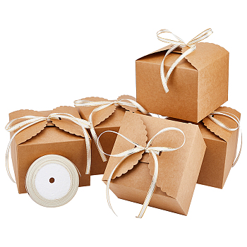 20Pcs Folding Kraft Paper Cookies Boxes, with 1Roll Flat Polyester Ribbons, Mixed Color, 120x120x90mm