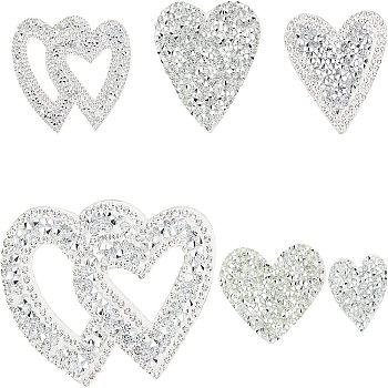 6Pcs 6 Style Heart Glitter Hotfix Rhinestone, Iron on Patches, Dress Shoes Garment Decoration, Crystal, 35~70x35~90x2~2.5mm, 1pc/style