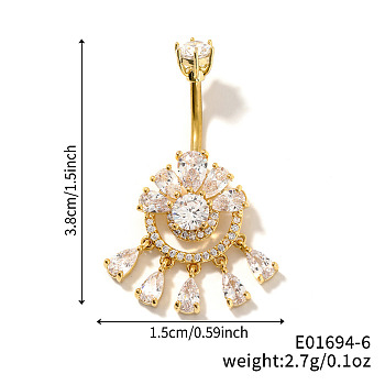 Brass Full Crystal Rhinestone Shiny Hollow Flower Ring Tassel Curved Barbell Belly Button Rings, Golden, 38x15mm