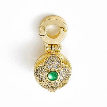 Brass Micro Pave Clear Cubic Zirconia Bead Cage Pendants, with Green Glass, Round Cage Charms, Real 18K Gold Plated, 16x7.5x8.5mm, Hole: 2.8mm, Inner Diameter: 6.5mm