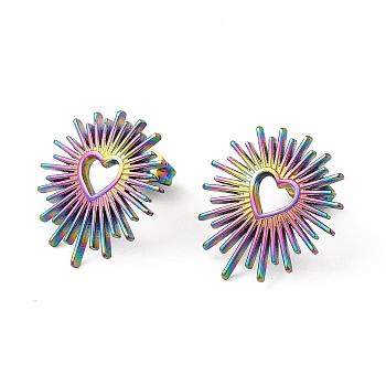 Ion Plating(IP) 304 Stainless Steel Hollow Out Heart Stud Earrings for Women, Rainbow Color, 19.5x17.5mm, Pin: 1mm
