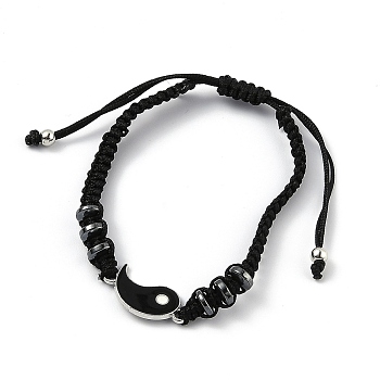 Adjustable Nylon Cord Braided Bead Bracelet, with Alloy Enamel Gossip/Yin Yang Links and Synthetic Hematite Spacer Beads, Black, Platinum, Inner Diameter: 1-3/4~3-1/8 inch(4.5~8cm)