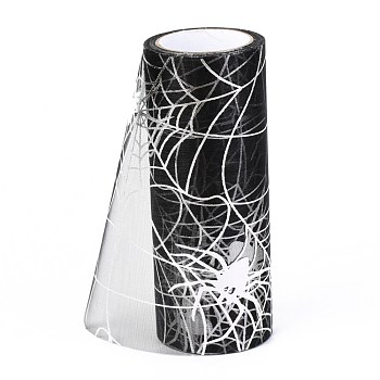 Halloween Deco Mesh Ribbons, Sparkle Tulle Fabric, for DIY Craft Gift Packaging, Home Party Wall Decoration, Spider & Spider Web pattern, Silver, 5-1/8 inch(129mm), 10 yards/roll(9.14m/roll)