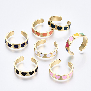Brass Enamel Cuff Rings, Open Rings, Cadmium Free & Nickel Free & Lead Free, Heart, Golden, Mixed Color, US Size 6 3/4(17.1mm)
