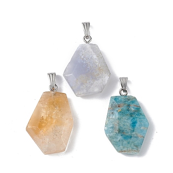 Natural Mixed Stone Pendants, Faceted Polygon Charms, with Stainless Steel Color Plated 201 Stainless Steel Snap on Bails, 21~29x16~23x6~8mm, Hole: 2x7mm