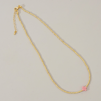 Real 18K Gold Plated 2mm Round Brass Beaded Necklaces, Cross Necklaces, Pink, 16.54 inch(42cm)