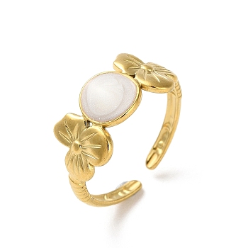 304 Stainless Steel Enamel Cuff Rings, Flower, Real 18K Gold Plated, Adjustable