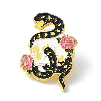 Snake with Flower Black Art Cool Enamel Pin, Alloy Enamel Brooch for Backpacks Clothes, Golden, Pink, 33x23x9.5mm, Pin: 1mm