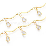 Brass Glass Scalloped Bar Chains, with Teardrop Charm, Soldered, with Spool, Golden, 15.5x1.8mm, about 32.81 Feet(10m)/Roll(CHC-T018-07G)