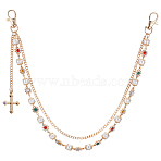 1Pc Alloy Colorful Rhinestone Flower & Plastic Pearl Link Chain Double Layer Pants Chains with Cross Charms, Light Gold, 467mm(AJEW-GF0012-75)