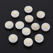Natural Freshwater Shell Beads, with Golden Plated Brass Metal Embellishments, Flat Round with Sun, Seashell Color, 8x4.5mm, Hole: 0.6mm(SHEL-N003-22-10)