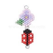 Handmade Glass Seed Beads Woven Connector Charms, Flower Ladybird Links, Lilac, 43x21x2mm, Hole: 3mm(PALLOY-MZ00311-02)