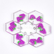 Resin Pendants, with Polymer Clay Inside and Iron Findings, Hexagon with Imitation Grape, Platinum, Dark Violet, 28~29x28x4mm, Hole: 2mm(X-CRES-S359-05A)