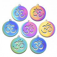 Ion Plating(IP) 201 Stainless Steel Pendants, Etched Metal Embellishments, Flat Round with Aum/Om Symbol, Rainbow Color, 33x30x0.3mm, Hole: 2mm(X-STAS-R114-004)