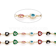Handmade Brass Link Chains, with Enamel and Spool, Soldered, Long-Lasting Plated, Heart with Evil Eye, Real 18K Gold Plated, 12x8x4mm, about 32.8 Feet(10m)/roll(CHC-D026-09G)