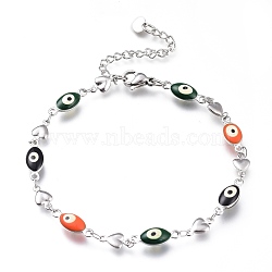 304 Stainless Steel Link Bracelets, with Enamel and Lobster Claw Clasps, Evil Eye & Heart, Stainless Steel Color, Colorful, 8-1/4 inch(21cm), Eye: 15x5.5x4mm(BJEW-M203-05P-A)