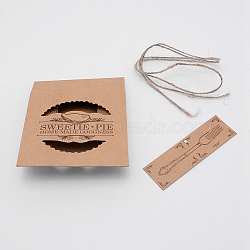 Kraft Paper Cookie Box, Flip Cover with Visual Window, with Hemp Rope & Tag, Square, Tan, 10x10x3cm(CON-WH0076-60)