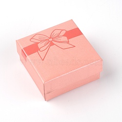 (Clearance Sale)Square with Bowknot Pattern Cardboard Jewelry Boxes, with Sponge Inside, Snap Cover, for Necklaces, Rings and Pendants, Light Salmon, 7.2x7.2x3.5cm(MB-TAC0002-01G)