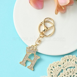 Golden Alloy Rhinestone Keychain, with Alloy Clasp and Iron Rings, Letter H, 10cm, Pendant: 42mm(KEYC-YW00105-08)