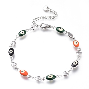 304 Stainless Steel Link Bracelets, with Enamel and Lobster Claw Clasps, Evil Eye & Heart, Stainless Steel Color, Colorful, 8-1/4 inch(21cm), Eye: 15x5.5x4mm