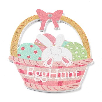 Easter Theme Single Face Printed Wood Pendants, Easter Charms, Basket, 79x67x2.5mm, Hole: 3.5mm
