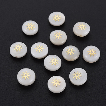 Natural Freshwater Shell Beads, with Golden Plated Brass Metal Embellishments, Flat Round with Sun, Seashell Color, 8x4.5mm, Hole: 0.6mm