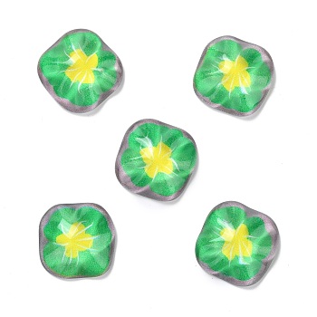 Oil Painting Style Resin Cabochons, Square with Flower, Lime Green, 24.5x24.5x8.5mm