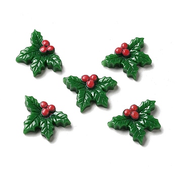 Christmas Opaque Resin Cabochons, Holly Leaves, Green, 18x25x5.5mm