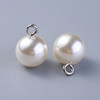 Resin Imitation Pearl Pendants/Shank Buttons, with Iron Findings, 1-Hole, Round, Linen, 19x13.5mm, Hole: 2.5mm