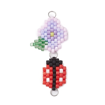 Handmade Glass Seed Beads Woven Connector Charms, Flower Ladybird Links, Lilac, 43x21x2mm, Hole: 3mm