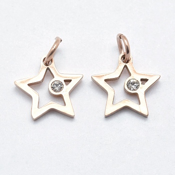 316 Surgical Stainless Steel Pendants, with Cubic Zirconia, Long-Lasting Plated, Star, Clear, Real Rose Gold Plated, 14x14x2mm, Hole: 3mm