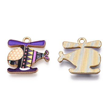 Printed Alloy Pendants, Cadmium Free & Nickel Free & Lead Free, Light Gold, Helicopter Charm, Blue Violet, 17.5x18.5x2mm, Hole: 1.8mm