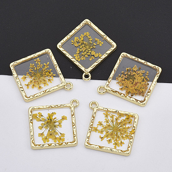 Light Gold Plated Alloy Pendants, with Epoxy Resin and Dried Flower, Rhombus, Gold, 30x27x2mm, Hole: 1.8mm
