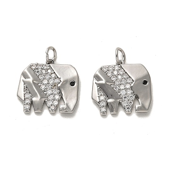 Brass Micro Pave Cubic Zirconia Pendants, with Jump Ring, Long-Lasting Plated, Elephant Charm, Platinum, 13x14x2mm, Hole: 2.5mm