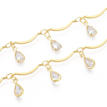 Brass Glass Scalloped Bar Chains, with Teardrop Charm, Soldered, with Spool, Golden, 15.5x1.8mm, about 32.81 Feet(10m)/Roll