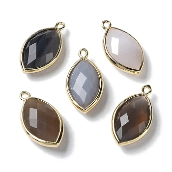 Natural Grey Agate Pendants, with Platinum Brass Edge, Faceted, Horse Eye, 22x12x5.5mm, Hole: 1.8mm