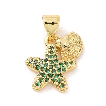Brass Micro Pave Cubic Zirconia Charms, Starfish with Shell Shape Charm, Real 18K Gold Plated, Green, 13.5x13x2.5mm, Hole: 3x4mm
