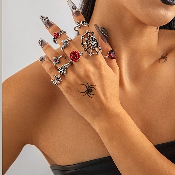 9Pcs 9 Styles Alloy Spider Web & Rose & Heart Finger Rings Sets for Women, Antique Silver, Red, Inner Diameter: 17~19mm, 1pc/style